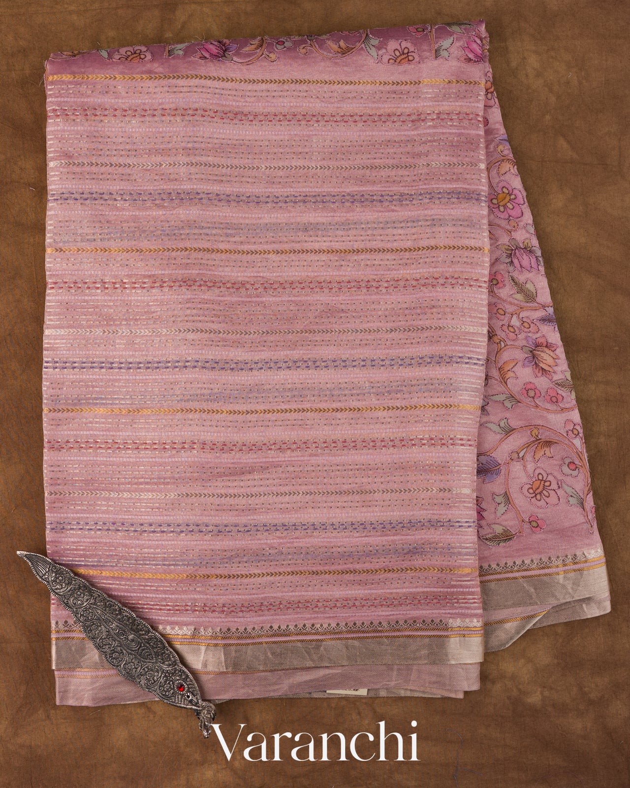 Baby Pink Striped and Tissue Applique Pure Kora Silk Saree
