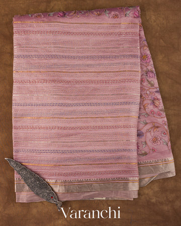 Baby Pink Striped and Tissue Applique Pure Kora Silk Saree