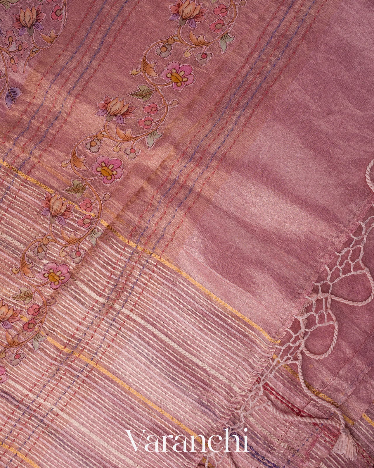 Baby Pink Striped and Tissue Applique Pure Kora Silk Saree