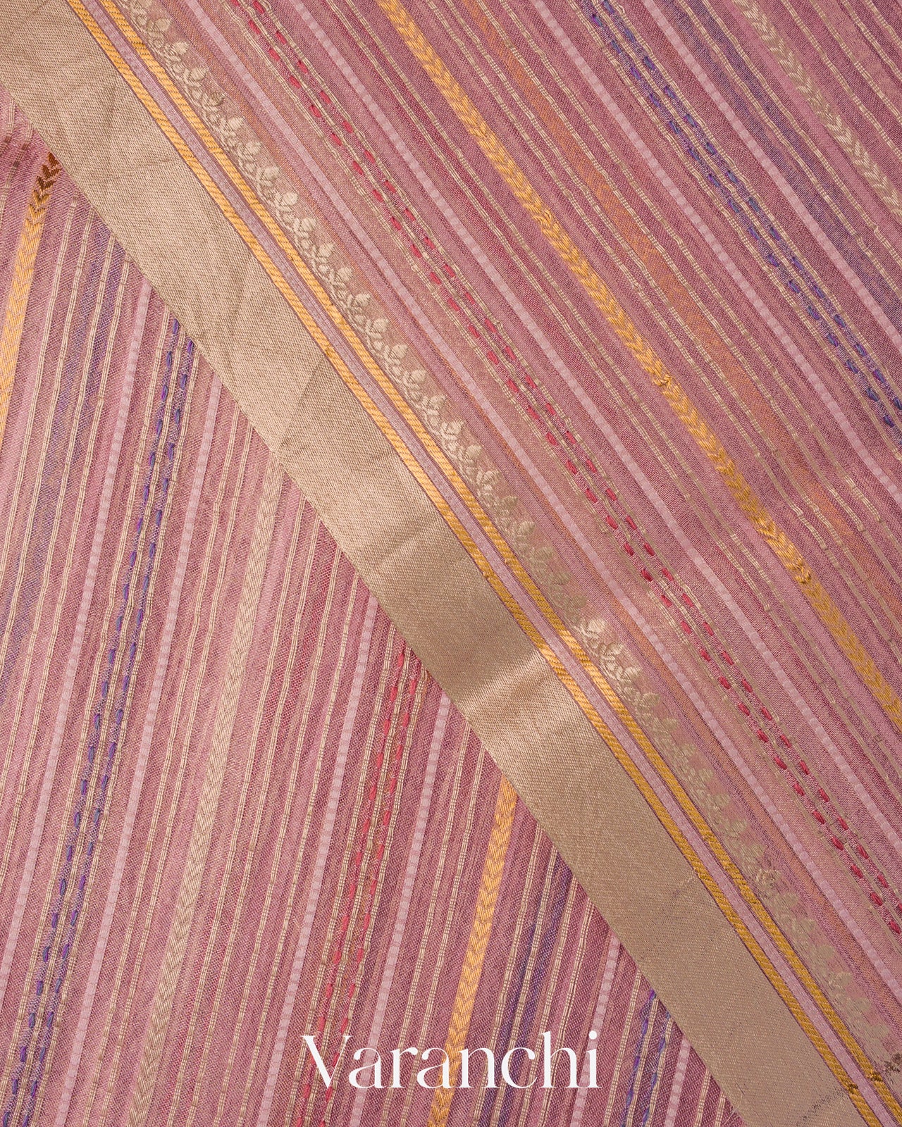 Baby Pink Striped and Tissue Applique Pure Kora Silk Saree