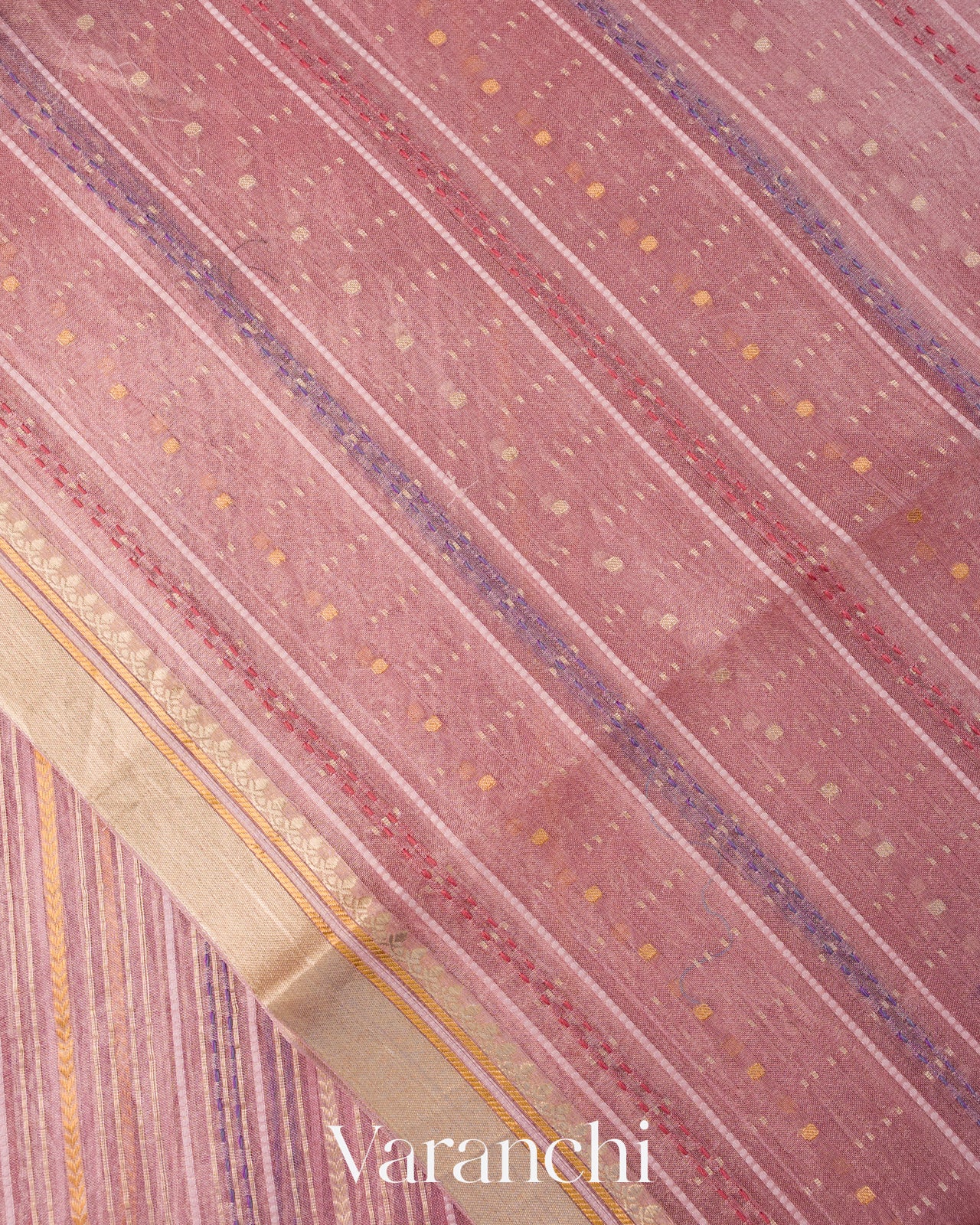 Baby Pink Striped and Tissue Applique Pure Kora Silk Saree