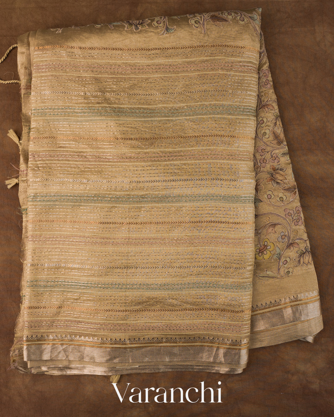 Beige Striped and Tissue Applique Pure Kora Silk Saree 
