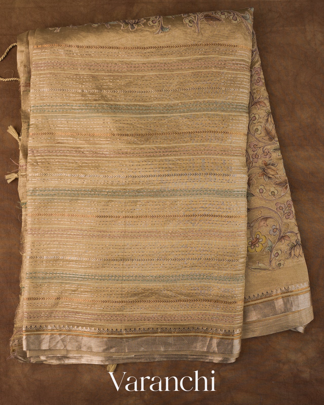 Beige Striped and Tissue Applique Pure Kora Silk Saree 