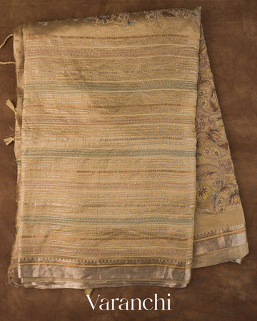 Beige Striped and Tissue Applique Pure Kora Silk Saree 