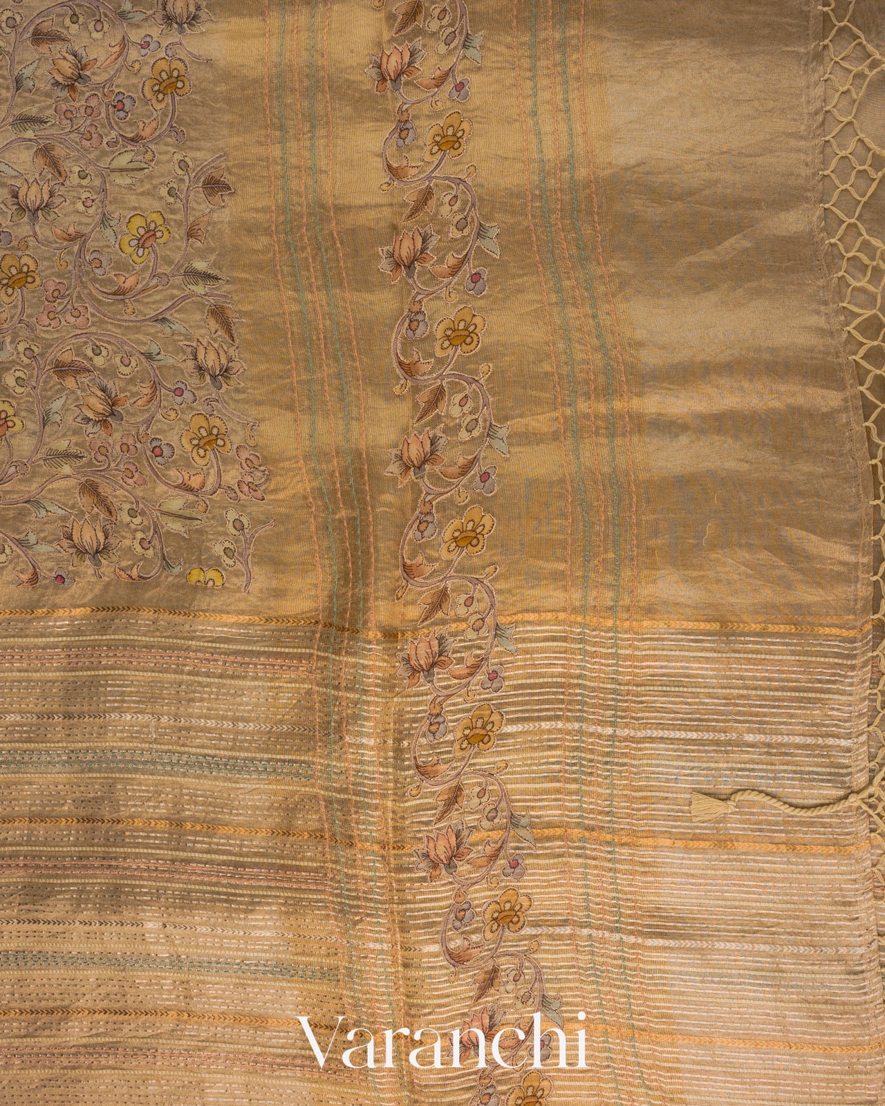 Beige Striped and Tissue Applique Pure Kora Silk Saree 