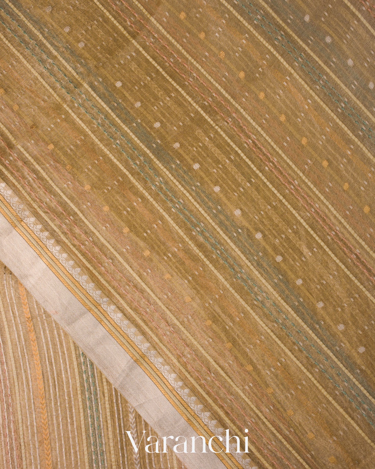 Beige Striped and Tissue Applique Pure Kora Silk Saree 