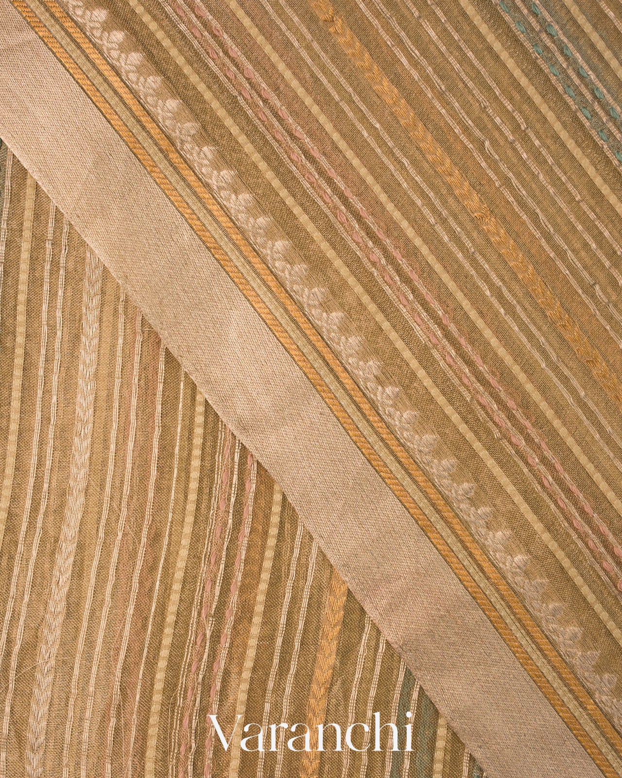 Beige Striped and Tissue Applique Pure Kora Silk Saree 