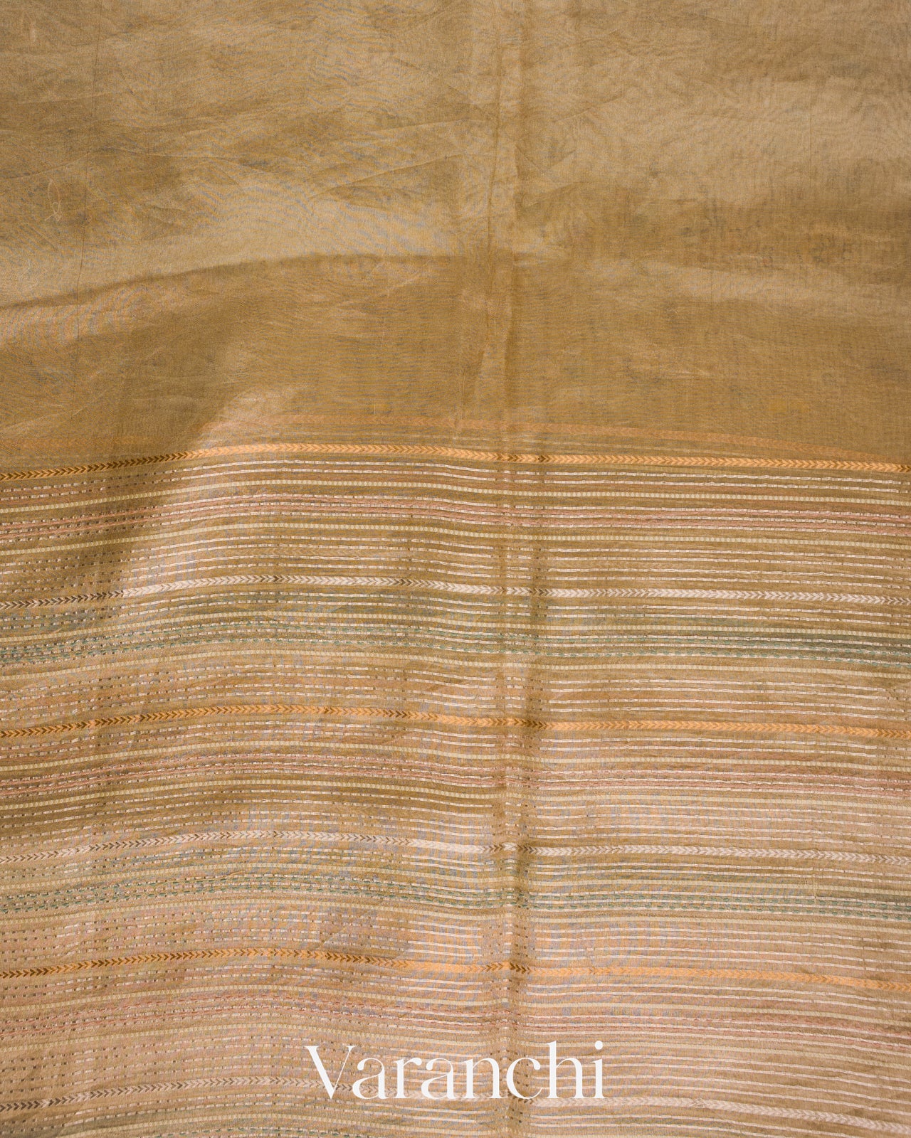 Beige Striped and Tissue Applique Pure Kora Silk Saree 