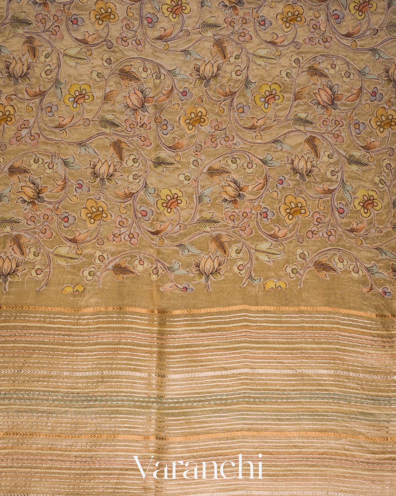 Beige Striped and Tissue Applique Pure Kora Silk Saree 