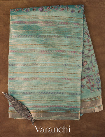 Sky Blue Striped and Tissue Applique Pure Kora Silk Saree 