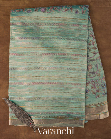 Sky Blue Floral Embroidered and Applique Pure Kora Silk Saree