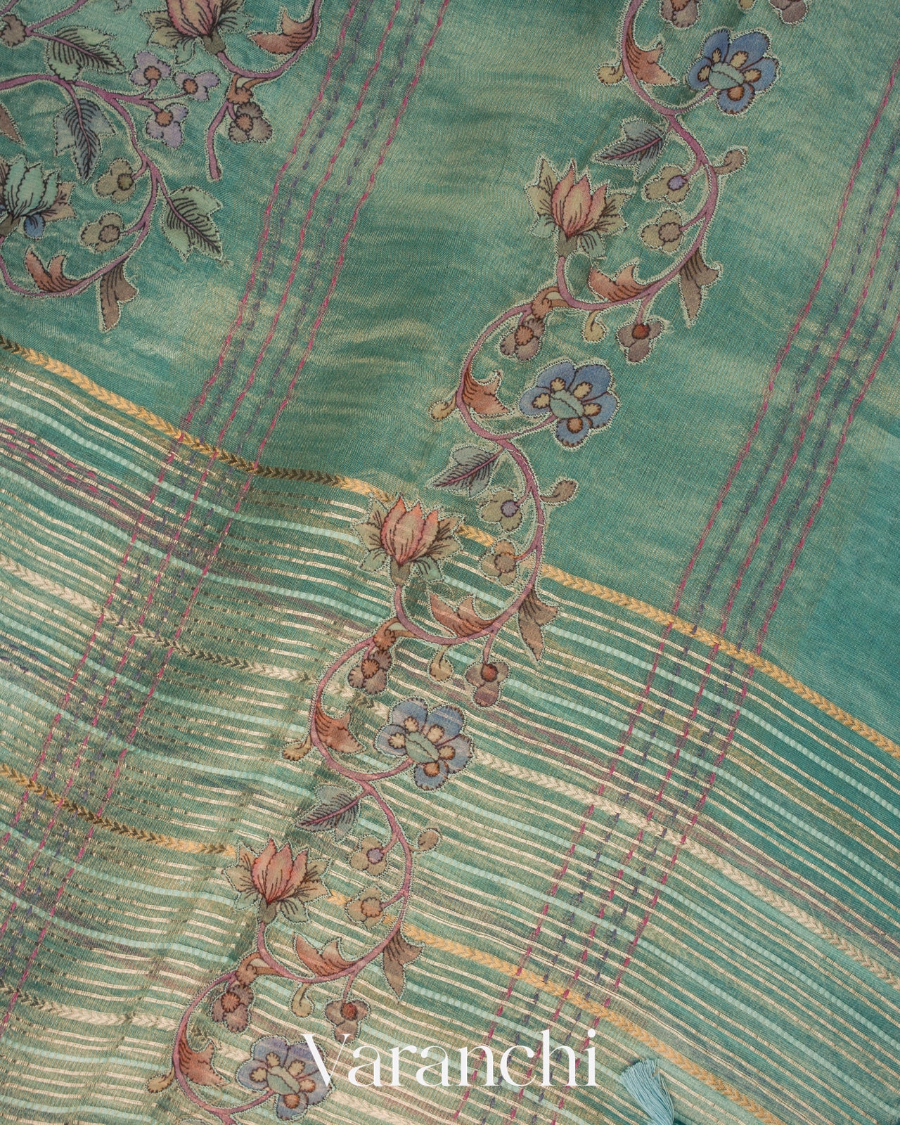 Sky Blue Striped and Tissue Applique Pure Kora Silk Saree 
