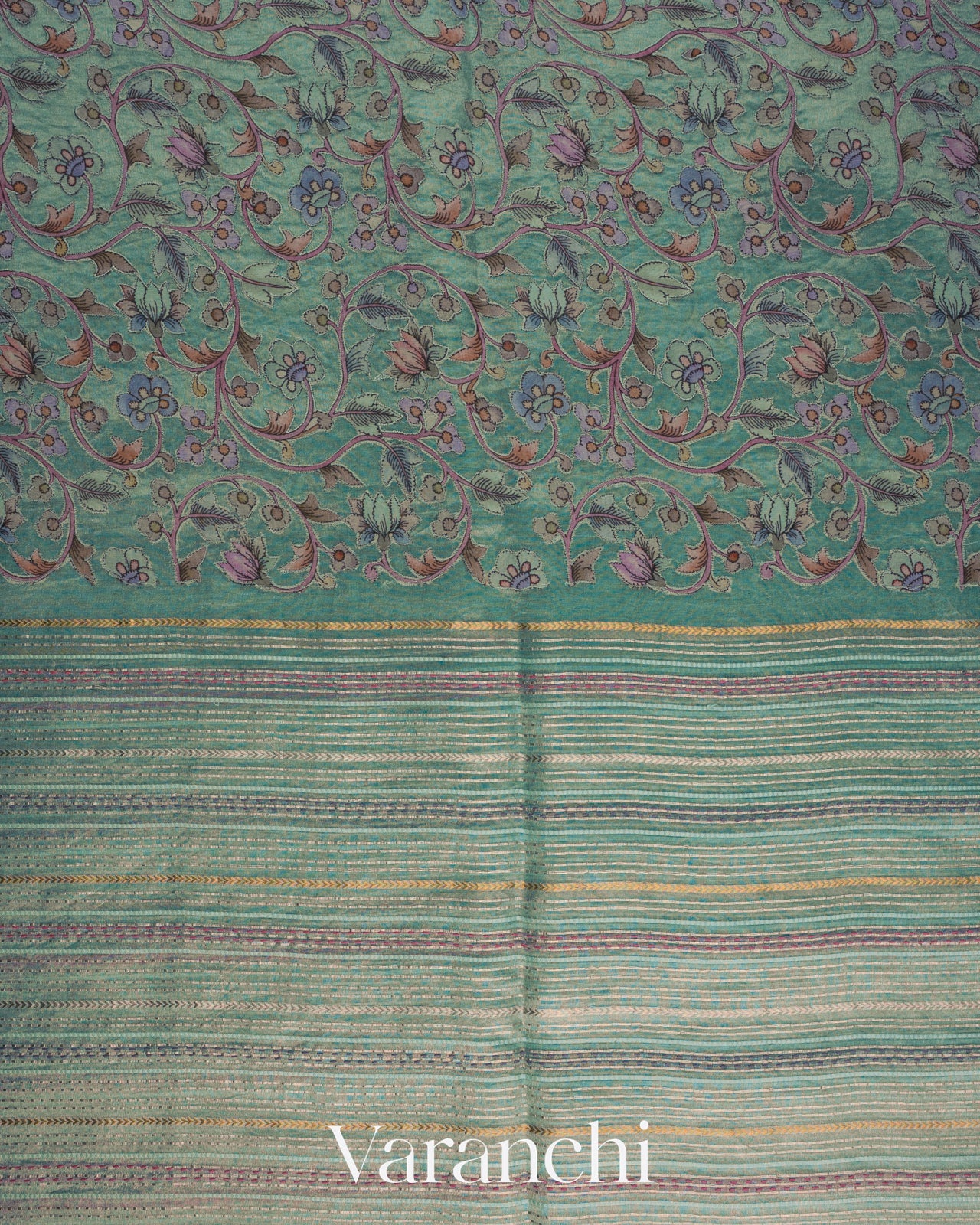 Sky Blue Striped and Tissue Applique Pure Kora Silk Saree 