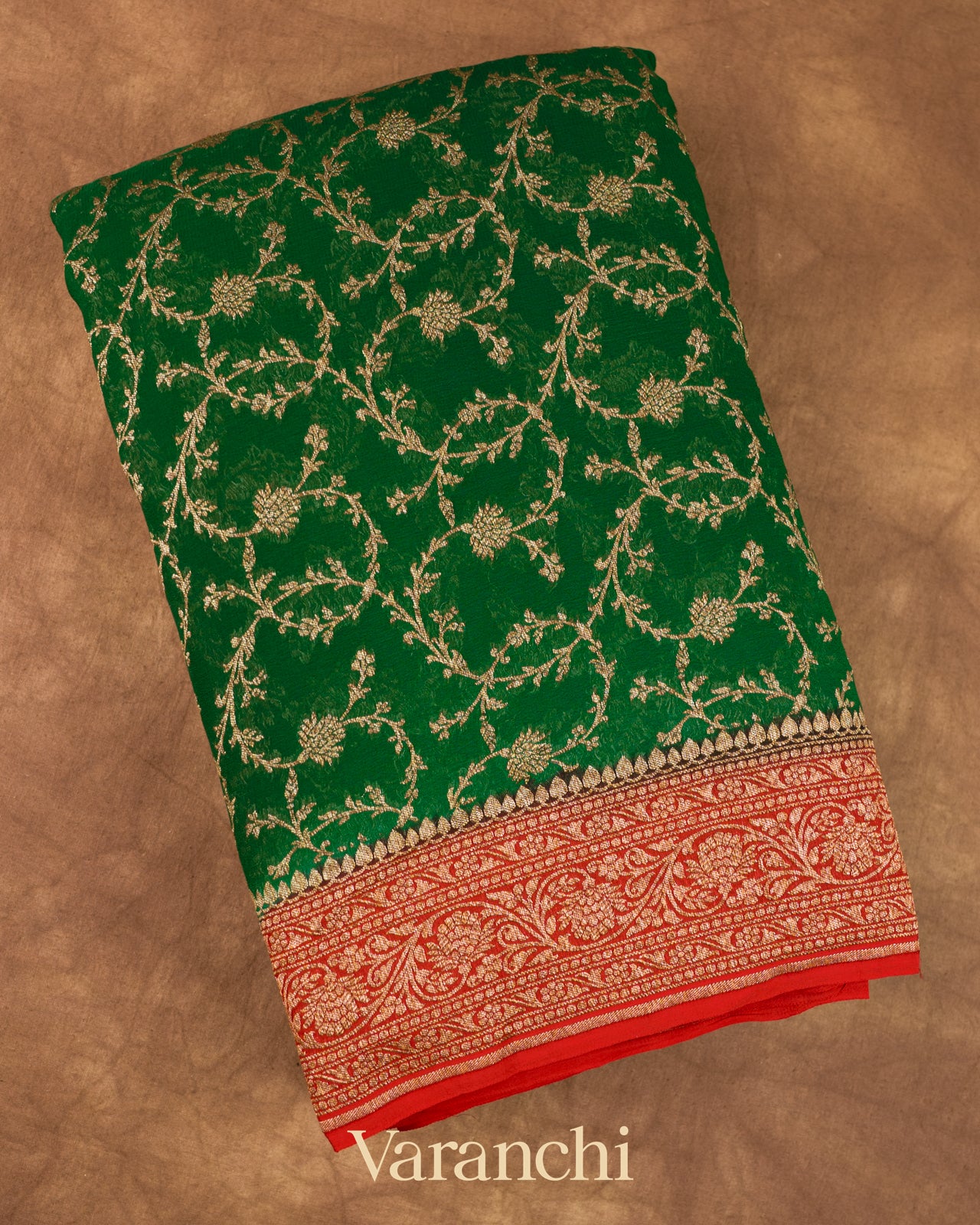 Bottle Green Floral Jaal Pure Khaddi Georgette Silk Saree 
