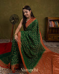 Bottle Green Floral Jaal Pure Khaddi Georgette Silk Saree 
