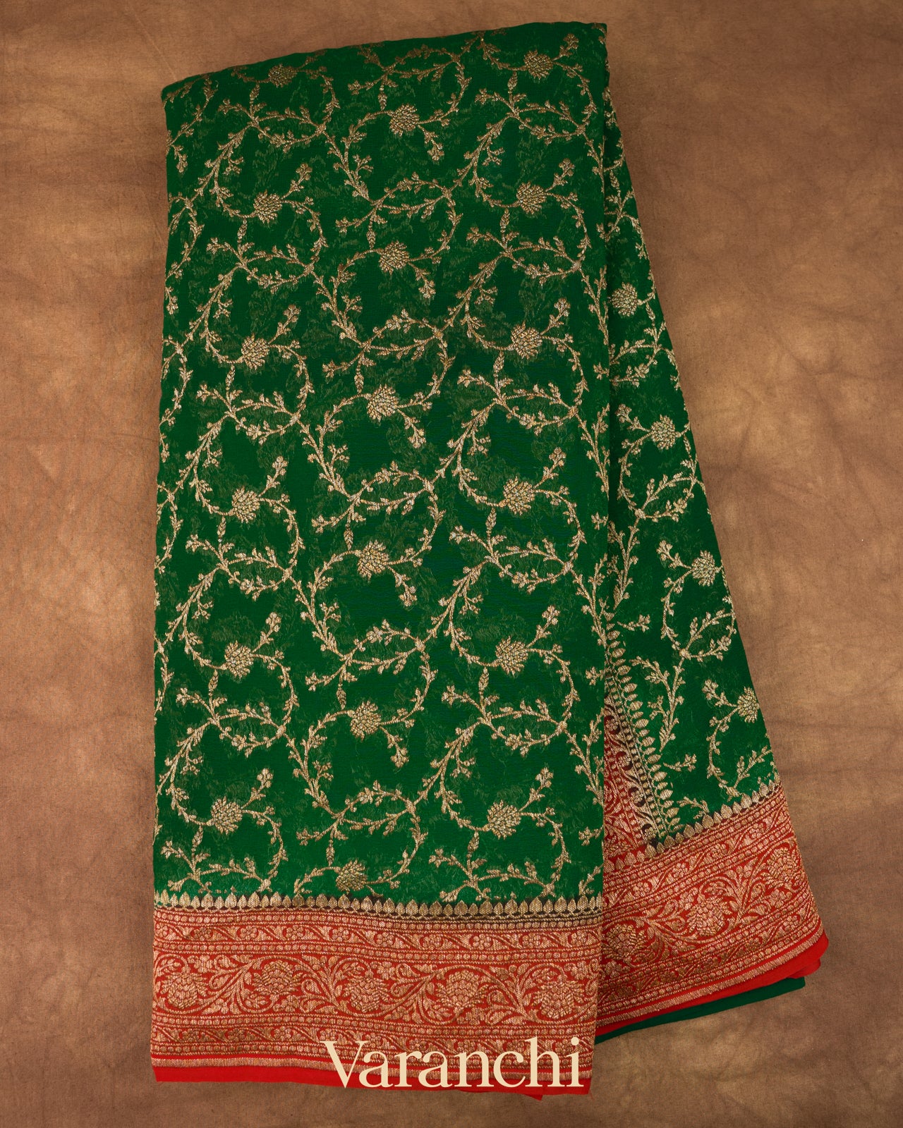 Bottle Green Floral Jaal Pure Khaddi Georgette Silk Saree 