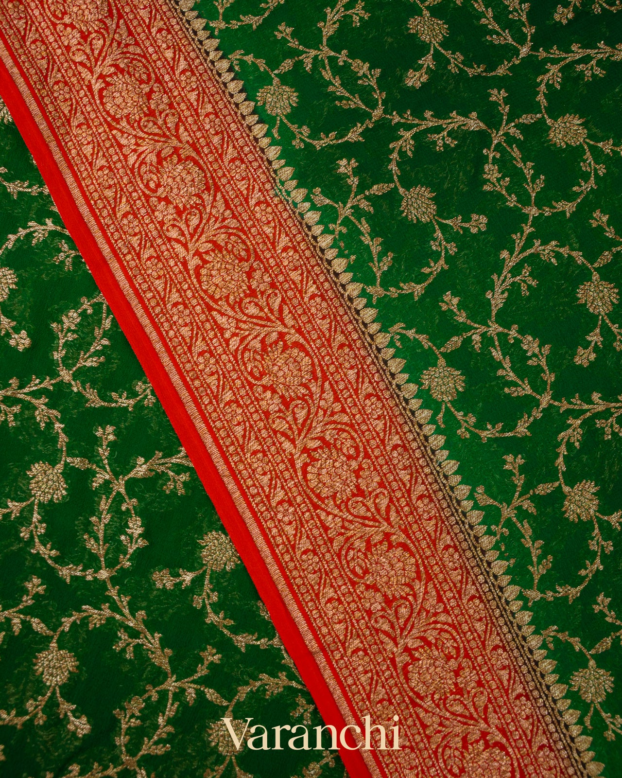 Bottle Green Floral Jaal Pure Khaddi Georgette Silk Saree 