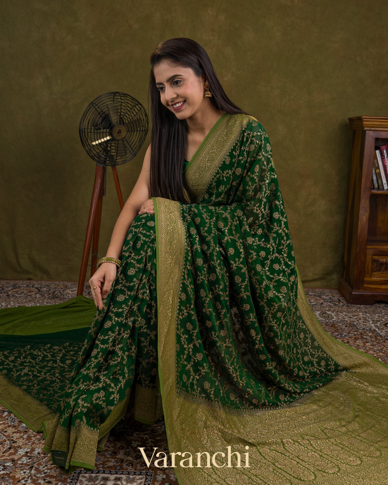 Bottle Green Pure Khaddi Georgette Silk Saree 