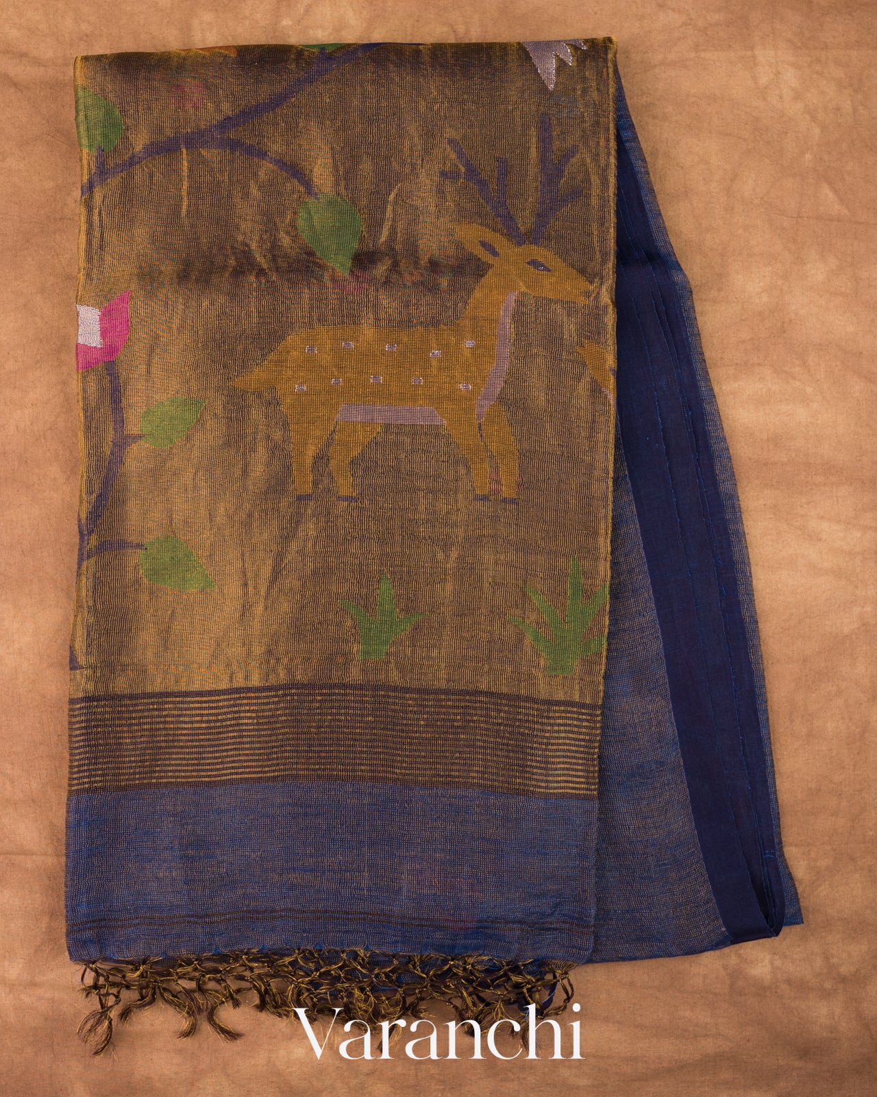 Navy Blue Jamdani Pure Silk Linen Tissue Handloom Saree 