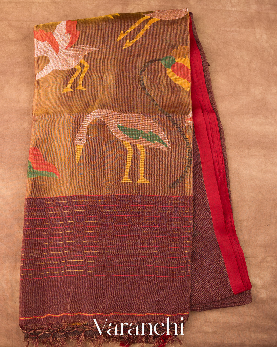 Coffee Brown Jamdani Pure Silk Linen Tissue Handloom Saree