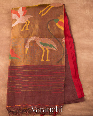 Coffee Brown Jamdani Pure Silk Linen Tissue Handloom Saree