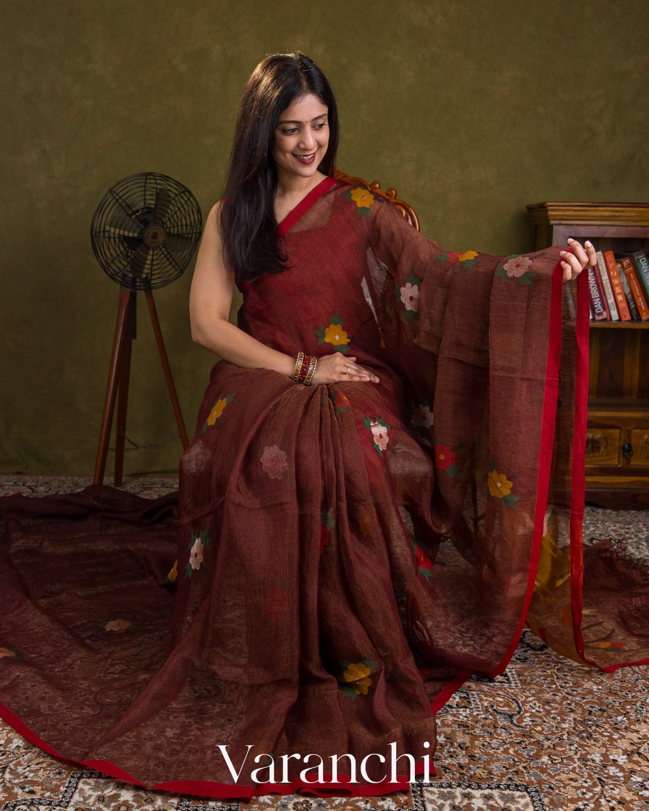 Coffee Brown Jamdani Pure Silk Linen Tissue Handloom Saree