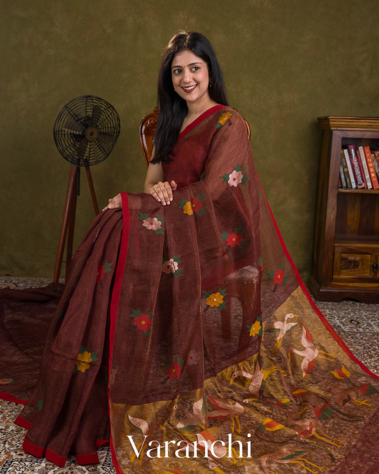 Coffee Brown Jamdani Pure Silk Linen Tissue Handloom Saree