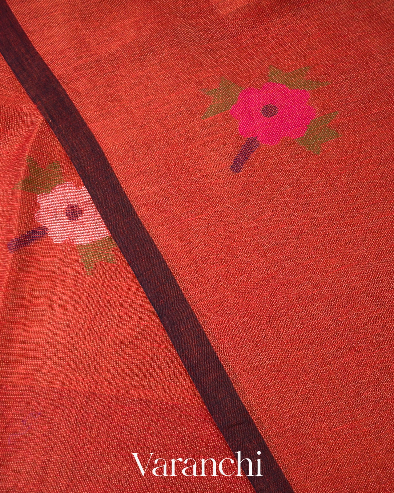 Brick Orange Jamdani Pure Silk Linen Tissue Handloom Saree