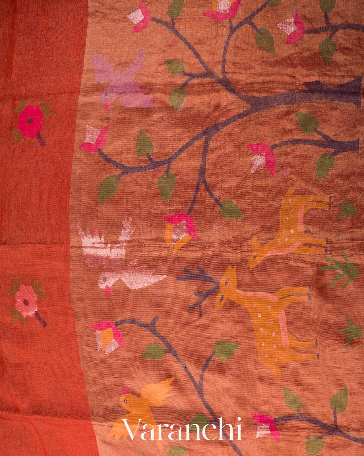 Brick Orange Jamdani Pure Silk Linen Tissue Handloom Saree