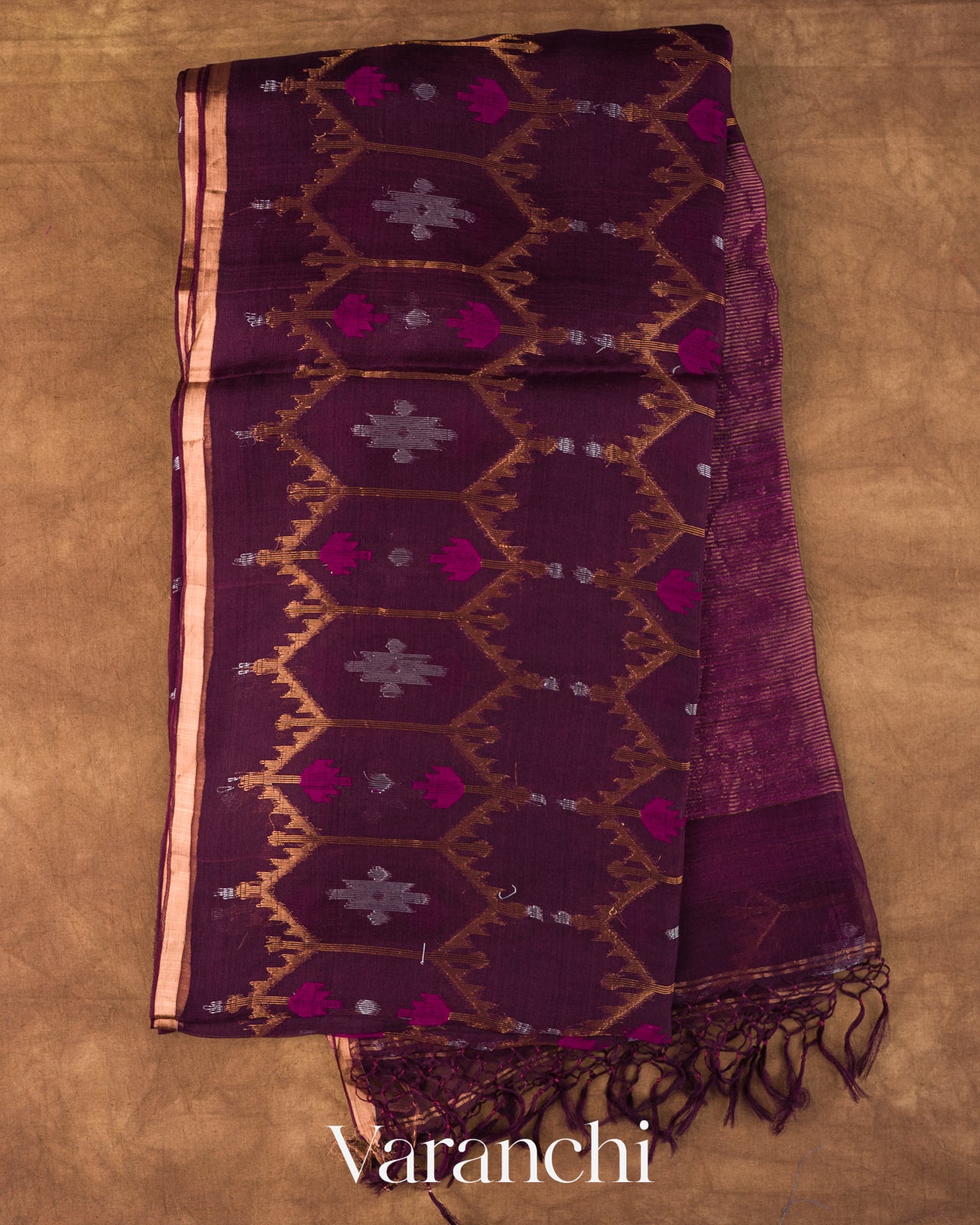 Deep Wine Dhakai Jamdani Pure Muslin Silk Handloom Saree 
