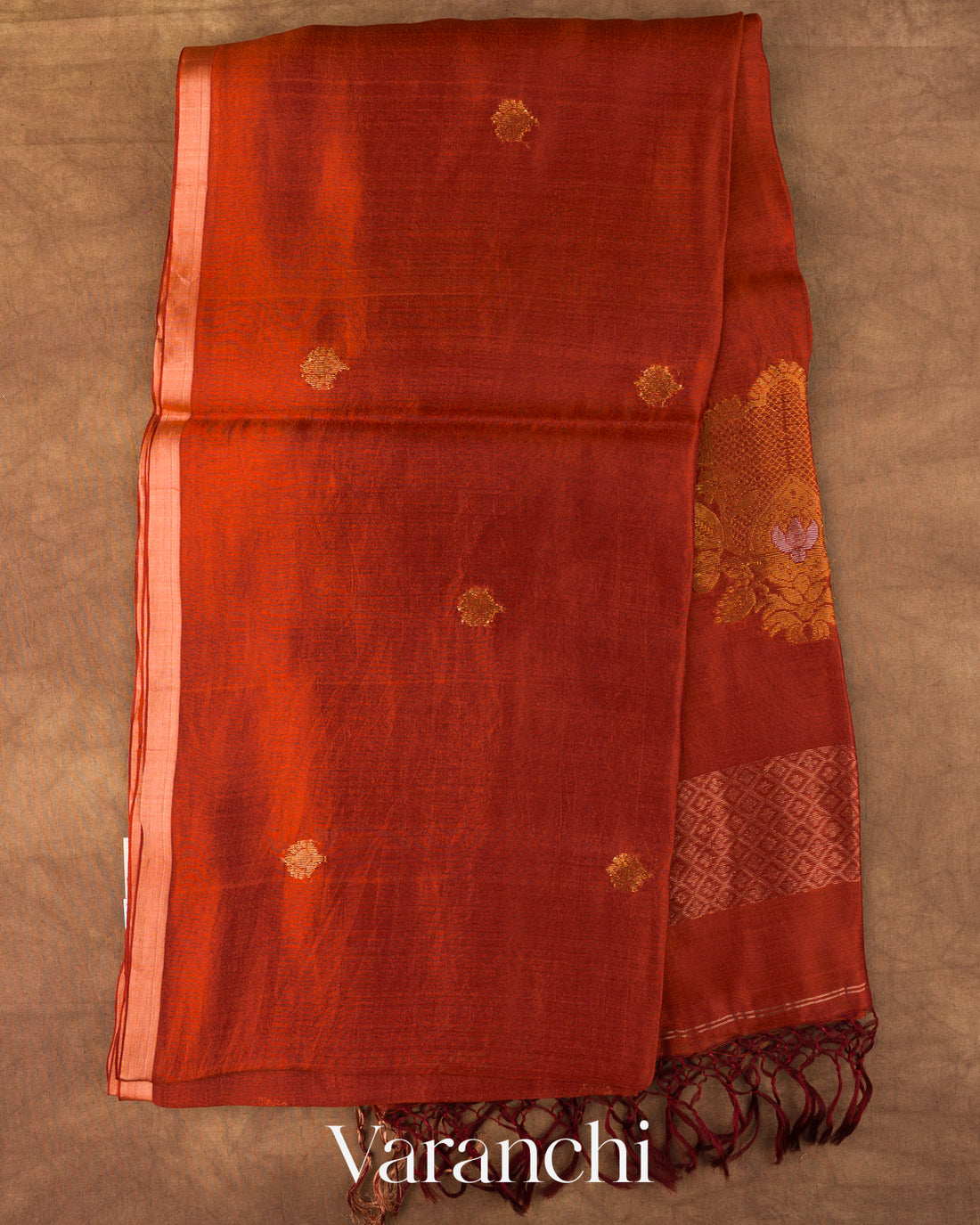 Rust Red Jamdani Pure Mulberry Silk Handloom Saree