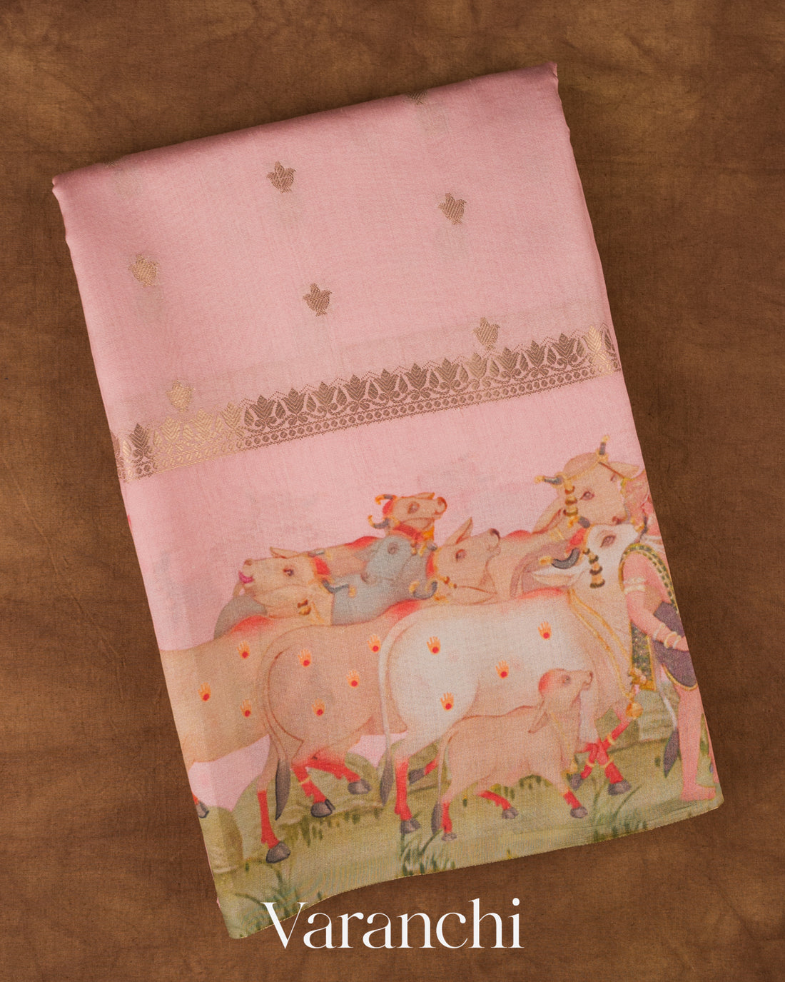 Baby Pink Pichwai Digital Printed Pure Chiniya Silk Saree