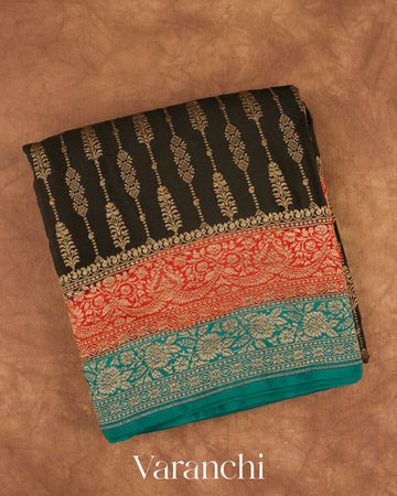 Jet Black Striped Pure Crepe Silk Handloom Saree