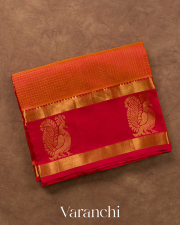 Orange Checks Pure Kanchipuram Silk Cotton Handloom Saree