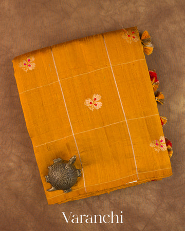 Turmeric Yellow Checks Pure Raw Silk Handloom Saree