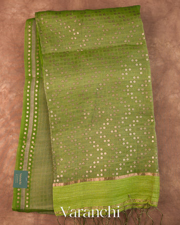 Leafy Green with Sequin Embroidery Pure Muslin Silk Handloom Saree