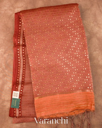 Burnt Red with Sequin Embroidery Pure Muslin Silk Handloom Saree