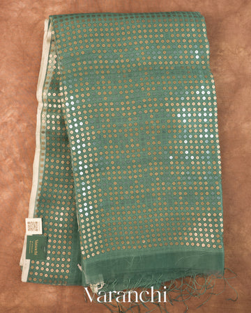 Sage Green with Sequin Embroidery Pure Muslin Silk Handloom Saree