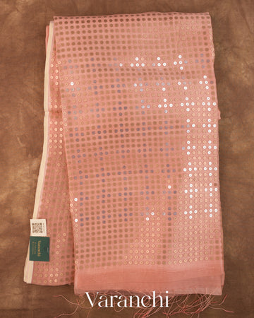 Peach with Sequin Embroidery Pure Muslin Silk Handloom Saree