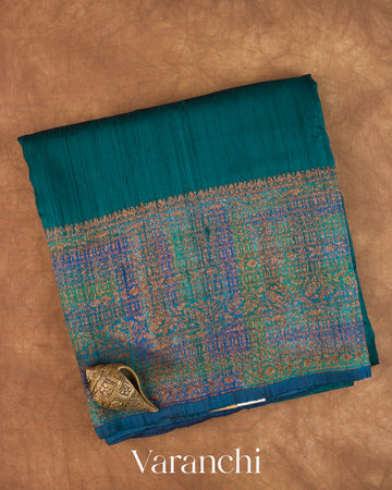 Deep Teal Blue Hand Brushed Pure Raw Silk Handloom Saree
