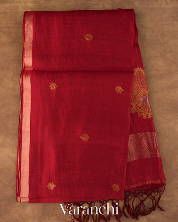 Deep Red Jamdani Pure Mulberry Silk Handloom Saree