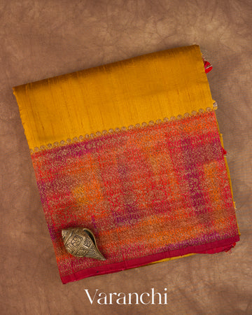 Mustard Yellow Hand Brushed Pure Raw Silk Handloom Saree