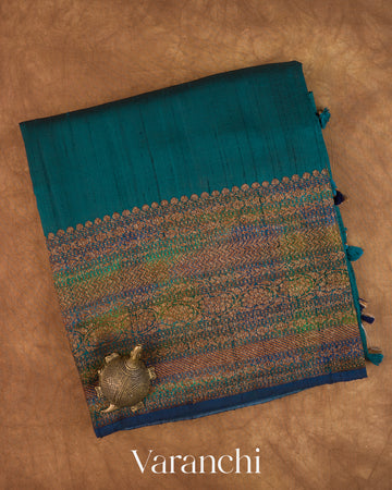 Peacock Blue Hand Brushed Pure Raw Silk Handloom Saree