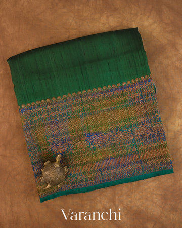 Bottle Green Hand Brushed Pure Raw Silk Handloom Saree