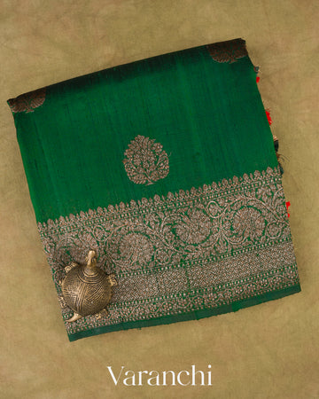 Dark Green with Red Pure Raw Silk Handloom Saree