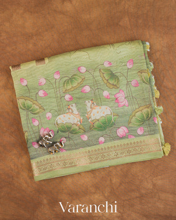 Sage Green Pichwai Printed Pure Silk Cotton Tissue Saree