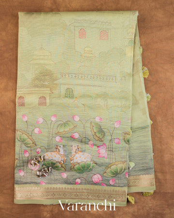 Sage Green Pichwai Printed Pure Silk Cotton Tissue Saree