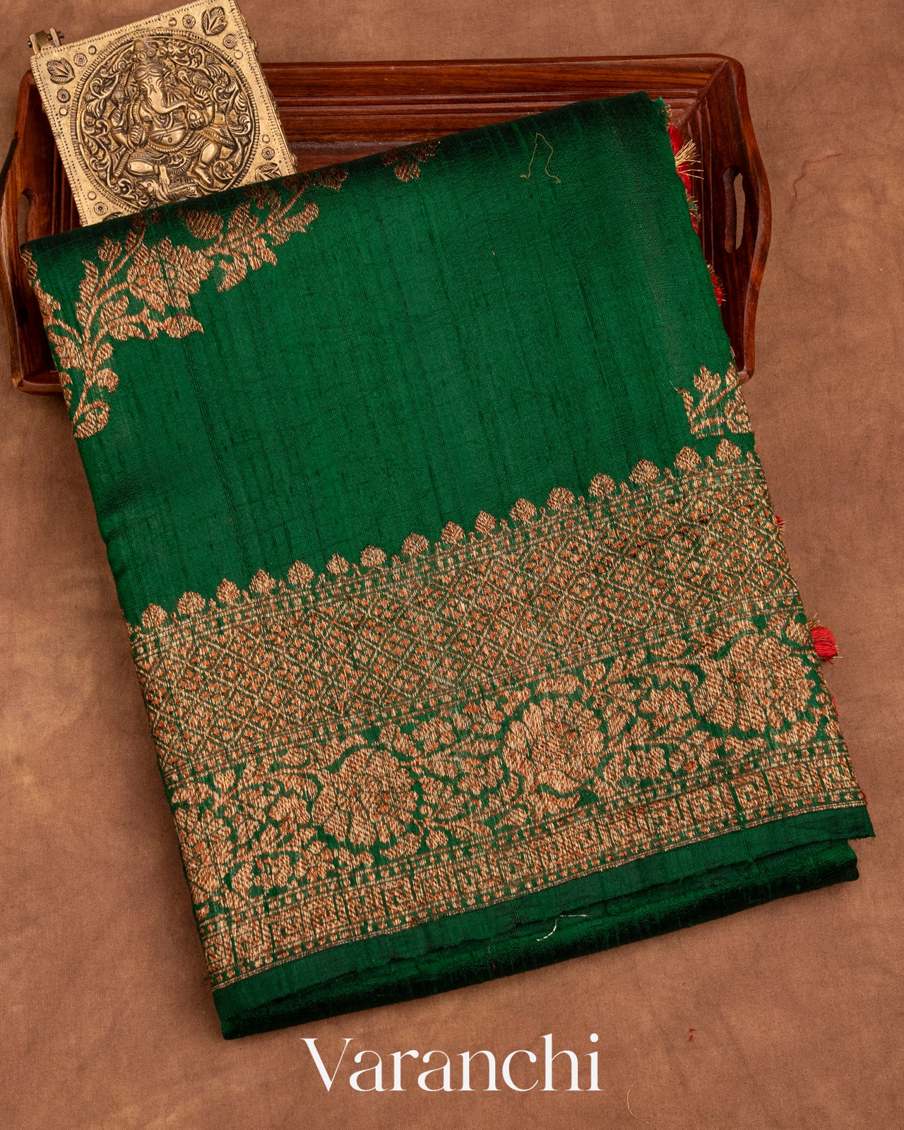 Dark Green Lehariya Pure Raw Silk Handloom Saree