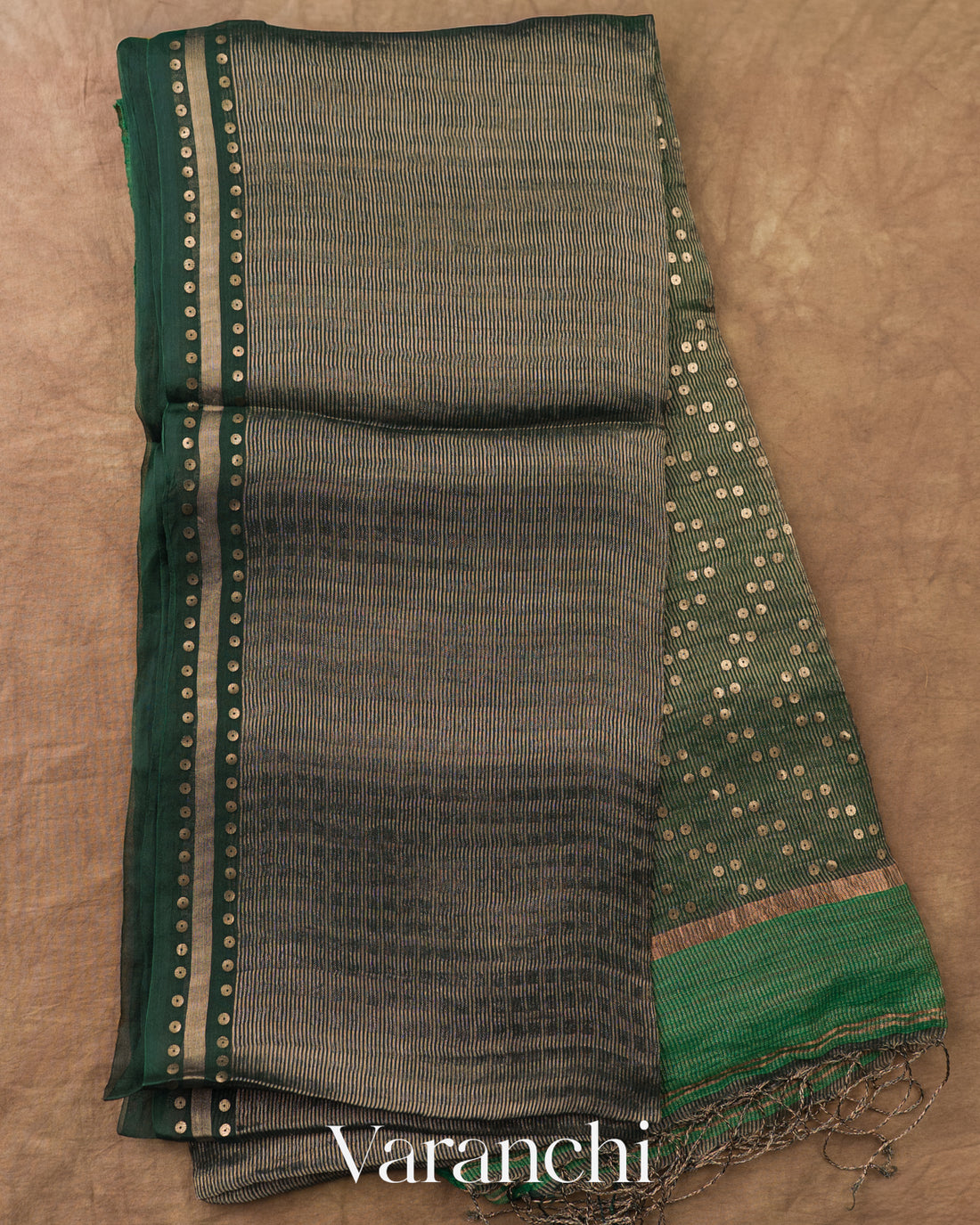 Bottle Green with Sequin Embroidery Pure Muslin Silk Handloom Saree