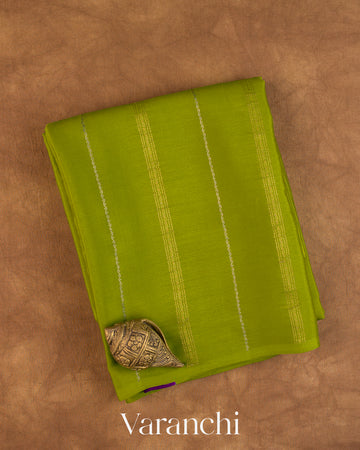 Parrot Green Striped Pure Mysore Crepe Silk